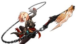 Rule 34 | 1girl, absurdres, belt, blonde hair, blue eyes, bow, chain, crimson rose (elsword), elsword, gloves, hair bow, highres, holding, holding weapon, looking at viewer, official art, red gloves, ress, rose (elsword), short hair, solo, transparent background, weapon