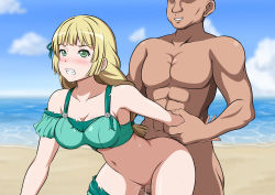 Rule 34 | 1boy, 1girl, 86-shiki, alternate costume, aqua bikini, arm grab, bare arms, beach, bikini, blonde hair, blunt bangs, blush, bottomless, breasts, cleavage, clenched teeth, clothed female nude male, clothed sex, cloud, cloudy sky, cowboy shot, day, doggystyle, drooling, fire emblem, fire emblem: three houses, fire emblem heroes, green eyes, hair ribbon, hetero, highres, ingrid brandl galatea, large breasts, leaning forward, long hair, low-tied long hair, muscular, muscular male, navel, nintendo, nude, ocean, official alternate costume, outdoors, pussy juice, ribbon, sand, sex, sex from behind, single sleeve, sky, standing, sweat, swimsuit, teeth, v-shaped eyebrows, wide hips