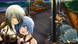 Rule 34 | 2girls, 3boys, holding another&#039;s arm, armor, ashe (league of legends), blue eyes, blue hair, blush, boar, boots, breasts, brick wall, clenched teeth, cousins, facial hair, goatee, green eyes, grey hair, helmet, highres, horns, jax (league of legends), kog&#039;maw, league of legends, leg armor, light brown hair, long hair, multiple boys, multiple girls, nose bubble, nose piercing, open mouth, pauldrons, piercing, pillar, sejuani, short hair, shoulder armor, shoulder pads, siblings, single horn, sisters, skywolf32, sleeping, strap, sweatdrop, teeth, tryndamere