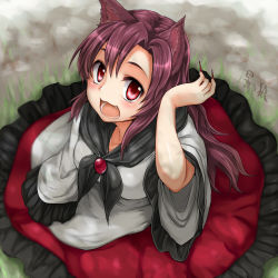 Rule 34 | 1girl, animal ears, brooch, brown hair, fangs, from above, imaizumi kagerou, jewelry, long hair, long sleeves, monrooru, nail polish, open mouth, red eyes, red nails, shirt, sitting, skirt, solo, touhou, wide sleeves, wolf ears