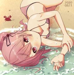 Rule 34 | 1girl, beach, bikini, breasts, cowboy shot, crab, flower, hair flower, hair ornament, halterneck, harusame (kancolle), highres, kantai collection, looking at viewer, lying, maridix, on side, pink bikini, pink hair, red eyes, ribbon, sand, side ponytail, small breasts, smile, solo, string bikini, swimsuit, waves