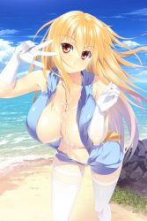 Rule 34 | + +, 1girl, alternate costume, bag, bare shoulders, beach, blonde hair, blush, breasts, center opening, chain, cleavage, cloud, cum, cum on body, cum on breasts, cum on upper body, day, elbow gloves, gloves, grass, handbag, hanging breasts, homu (seven deadly sins), large breasts, long hair, looking at viewer, nipples, ocean, outdoors, rock, sand, shokuhou misaki, shoulder bag, sky, smile, solo, thighhighs, toaru kagaku no railgun, toaru majutsu no index, v, water, white gloves, white thighhighs, yellow eyes