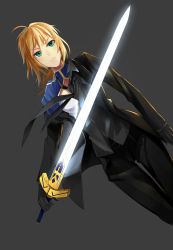 Rule 34 | 1girl, ahoge, artoria pendragon (all), artoria pendragon (fate), bad id, bad pixiv id, black gloves, blonde hair, dutch angle, excalibur (fate/stay night), fate/zero, fate (series), formal, gloves, glowing, glowing sword, glowing weapon, green eyes, highres, lightofheaven, long hair, necktie, pant suit, pants, ponytail, saber (fate), solo, suit, sword, weapon