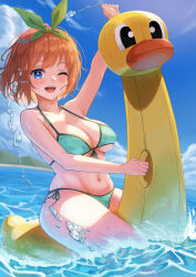 Rule 34 | 1girl, :d, absurdres, arm up, bare arms, bikini, bird, blue bikini, blue eyes, breasts, cleavage, collarbone, commentary, cowboy shot, curvy, day, double-parted bangs, duck, eyebrows hidden by hair, eyelashes, front-tie bikini top, front-tie top, go-toubun no hanayome, green ribbon, hair between eyes, hair ribbon, happy, highres, hiyoku, large breasts, looking at viewer, medium hair, nakano yotsuba, navel, ocean, one eye closed, open mouth, orange hair, outdoors, partially submerged, ribbon, riding, side-tie bikini bottom, sitting, skindentation, smile, solo, splashing, stomach, swimsuit, teeth, thighs, upper teeth only, waves