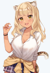 Rule 34 | 1girl, :3, animal ears, blonde hair, blush, breasts, cardigan, cardigan around waist, cleavage, clothes around waist, collared shirt, fang, gyaru, hair tie, hand up, highres, kawagami raito, large breasts, leopard ears, leopard girl, leopard tail, long sleeves, looking at viewer, nail polish, open clothes, open mouth, open shirt, original, plaid, plaid skirt, pleated skirt, school uniform, shirt, skirt, sleeves rolled up, smile, solo, tail, tan, yellow eyes