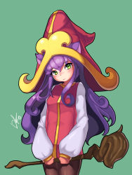 Rule 34 | 1girl, absurdres, animal ears, bad id, bad pixiv id, blush, brown pantyhose, cat ears, dduck kong, green eyes, highres, league of legends, looking at viewer, lulu (league of legends), pantyhose, purple hair, signature, solo, staff