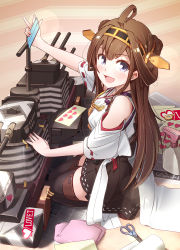 Rule 34 | 10s, 1girl, :d, ahoge, bad id, bad pixiv id, bare shoulders, boots, brown hair, brown skirt, detached sleeves, hair bun, hairband, headgear, highres, kantai collection, kongou (kancolle), letter, long hair, looking at viewer, love letter, machinery, nontraditional miko, open mouth, pemu, pleated skirt, pomon illust, purple eyes, ribbon-trimmed sleeves, ribbon trim, scissors, single hair bun, skirt, smile, solo, thigh boots, thighhighs, zettai ryouiki