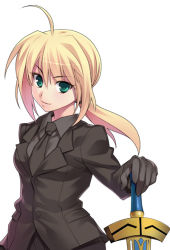 Rule 34 | 00s, artoria pendragon (all), artoria pendragon (fate), azu, excalibur (fate/stay night), fate/stay night, fate/zero, fate (series), formal, gloves, necktie, pant suit, pants, ponytail, saber (fate), solo, suit, sword, weapon