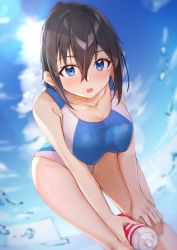 Rule 34 | 1girl, backlighting, bent over, black hair, blue eyes, blue one-piece swimsuit, blue sky, blurry, blush, bottle, breasts, cleavage, cloud, collarbone, competition swimsuit, day, depth of field, dutch angle, fingernails, fisheye, hair between eyes, hand on own knee, highres, holding, holding bottle, large breasts, lens flare, looking at viewer, mole, mole under eye, one-piece swimsuit, open mouth, original, outdoors, sidelocks, sky, solo, standing, starting block, sunlight, swimsuit, tapioka (oekakitapioka), water drop, wide hips