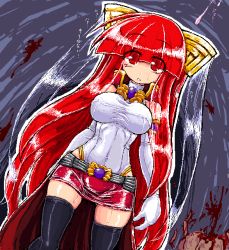 Rule 34 | 1girl, bare shoulders, black thighhighs, blood, blush, breasts, elbow gloves, eyes visible through hair, gloves, hair over eyes, large breasts, leotard, long hair, looking at viewer, microskirt, namaenazo, open mouth, original, red eyes, red hair, skirt, sleeveless, solo, thighhighs, yurina paruterikusu