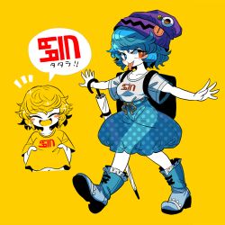 Rule 34 | 2girls, adapted costume, backpack, bag, beanie, black bag, blue eyes, blue footwear, blue hair, blue skirt, blush, boots, closed eyes, grey shirt, hat, heterochromia, multiple girls, open mouth, outstretched arms, polka dot, purple hat, red eyes, see-through, shirt, short hair, short sleeves, simple background, skirt, smile, tatara kogasa, tongue, tongue out, touhou, translation request, umbrella, white umbrella, yellow background, yt (wai-tei)