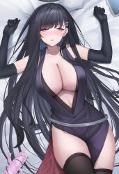 Rule 34 | 1girl, alternate costume, bare shoulders, black dress, black gloves, black hair, black thighhighs, blue archive, blush, breasts, cleavage, commentary request, dress, elbow gloves, gloves, hair ornament, halo, highres, large breasts, long hair, lying, on back, parted lips, pink eyes, rio (blue archive), sex toy, shougun (chuckni1), solo, thighhighs, thighs