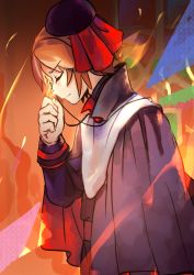 Rule 34 | 1boy, absurdres, asuma kanau, brown hair, clothing request, cross, cross necklace, dogma toscarina, end roll, closed eyes, facing to the side, hat, highres, jewelry, long sleeves, male focus, mini hat, necklace, pale skin, priest, short hair, solo