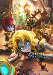 Rule 34 | 3girls, ball, blonde hair, blue eyes, breast press, breasts, clock, clockwork, dual persona, gears, green hair, highres, joints, league of legends, multiple girls, no humans, non-humanoid robot, orianna (league of legends), phantom ix row, red hair, robot, robot joints, short hair, skirt, smile, spikes, winding key