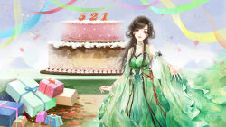 Rule 34 | 1girl, baiguio (zhu xian), bi yao zhuye, cake, china dress, chinese clothes, dress, food, gift, green dress, hair ornament, hair rings, highres, long hair, long sleeves, smile, streamers, zhu xian