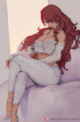 Rule 34 | 1girl, bare shoulders, black choker, bra strap, breasts, choker, cleavage, cutesexyrobutts, hair over one eye, high heels, highres, kirijou mitsuru, large breasts, crossed legs, lips, long hair, looking at viewer, pants, persona, persona 3, red eyes, red hair, see-through, sitting, solo, sweater, thick thighs, thighs, watermark, web address, white footwear, white pants, white sweater