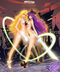 Rule 34 | 2girls, ass, blonde hair, blue eyes, blue hair, breasts, gun, hair ornament, halo, jewelry, jpeg artifacts, lips, long hair, multicolored hair, multiple girls, navel, necklace, nude, orry, panty &amp; stocking with garterbelt, panty (psg), pasties, pink hair, purple hair, siblings, sisters, standing, stocking (psg), sword, two-tone hair, weapon