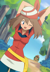Rule 34 | 1boy, 1girl, ;d, absurdres, arms up, bandana, bike shorts, blue eyes, blush, breasts, brown hair, cleavage, creatures (company), curvy, fanny pack, game freak, gloves, highres, hiker (pokemon), holding own arm, kohta (my page), looking at viewer, may (pokemon), medium breasts, nintendo, one eye closed, open mouth, outdoors, pokemon, pokemon (anime), pokemon dppt, pokemon rse (anime), red bandana, red shirt, shirt, shorts, skirt, smile, tree, white skirt