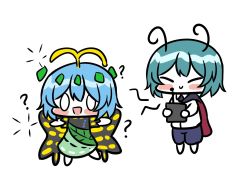 Rule 34 | 0 0, 2girls, ?, antennae, aqua hair, barefoot, blouse, blue shorts, blush stickers, butterfly wings, chaleu, closed eyes, closed mouth, collared shirt, controller, dress, eternity larva, fairy, full body, green dress, green hair, holding, holding controller, insect wings, leaf, leaf on head, multicolored clothes, multicolored dress, multiple girls, open mouth, shirt, short hair, short sleeves, shorts, simple background, smile, touhou, white background, white shirt, wings, wriggle nightbug