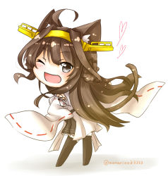 Rule 34 | 10s, 1girl, ahoge, animal ears, bad id, bad pixiv id, black thighhighs, brown eyes, brown hair, cat ears, cat tail, chibi, detached sleeves, hairband, kantai collection, kongou (kancolle), long hair, nontraditional miko, solo, tail, thighhighs, yonerinoko (banberabu)
