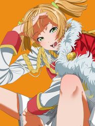 Rule 34 | 1girl, aiguillette, arm on thigh, arm up, blonde hair, cowboy shot, daiba nana, epaulettes, fur-trimmed jacket, fur trim, green eyes, green ribbon, grey skirt, hair lift, hair ribbon, highres, jacket, jacket on shoulders, knees up, long sleeves, looking at viewer, maiko (machael89642677), miniskirt, open mouth, orange background, pleated skirt, red jacket, red sash, ribbon, sash, short hair, short twintails, shoujo kageki revue starlight, shoulder sash, simple background, single stripe, sitting, skirt, smile, solo, spread legs, striped clothes, striped skirt, teeth, twintails, white jacket