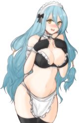 Rule 34 | 1girl, apron, azura (fire emblem), bare shoulders, bikini, black bikini, blue hair, blush, bow, breasts, choker, cleavage, collarbone, curvy, embarrassed, fire emblem, fire emblem fates, fire emblem heroes, gloves, hair between eyes, hands on own chest, highres, large breasts, light blue hair, long hair, looking at viewer, low tied hair, maid, maid apron, maid bikini, maid headdress, navel, nintendo, open mouth, ribbon, smile, solo, standing, swimsuit, thighhighs, thighs, transparent background, tridisart, unconventional maid, very long hair, wide hips, yellow eyes