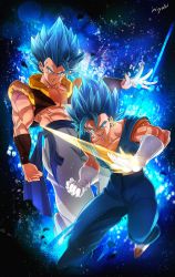 Rule 34 | 10s, 2boys, :d, absurdres, arm at side, artist name, aura, belt, blue eyes, blue hair, blurry, clenched hand, dougi, dragon ball, dragon ball super, dragon ball super broly, dragonball z, earrings, energy blade, fighting stance, frown, gloves, glowing, gogeta, highres, jewelry, looking away, male focus, martial arts belt, multiple boys, muscular, open mouth, outstretched hand, pants, pectorals, potara earrings, serious, shaded face, short hair, smile, spiked hair, stomach, super saiyan, super saiyan blue, teeth, topless male, vegetto, white gloves, white pants, wristband