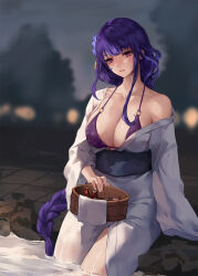 Rule 34 | 1girl, blurry, blurry background, blush, braid, breasts, chihunhentai, cleavage, genshin impact, hair ornament, highres, japanese clothes, large breasts, long hair, long sleeves, looking at viewer, low-braided long hair, low-tied long hair, mole, mole under eye, o-ring, o-ring top, off shoulder, onsen, outdoors, parted lips, partially submerged, purple eyes, purple hair, raiden shogun, revision, sash, single bare shoulder, sitting, water, wide sleeves