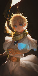 Rule 34 | 1boy, absurdres, baggy clothes, blonde hair, blue eyes, bright pupils, cowboy shot, egawa akira, fate/grand order, fate (series), glowing, glowing eyes, highres, light, light rays, male focus, parted bangs, robe, scarf, short sleeves, simple background, sky, solo, space, star (sky), star (symbol), starry background, starry sky, upper body, voyager (fate), voyager (first ascension) (fate), yellow scarf