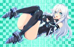 Rule 34 | 10s, 1girl, artist name, bare shoulders, black heart (neptunia), blue eyes, breasts, cleavage, gloves, iwashi dorobou -r-, long hair, looking at viewer, neptune (series), noire (neptunia), smile, solo, symbol-shaped pupils, very long hair, white hair