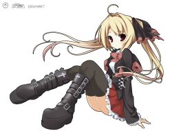 Rule 34 | 1girl, ahoge, belt boots, black capelet, black footwear, black socks, black thighhighs, blonde hair, boots, bow, bowtie, capelet, closed mouth, collared shirt, cosgaso, cross, expressionless, frilled skirt, frills, full body, highres, light blush, long hair, long sleeves, looking at viewer, original, platform footwear, red bow, red bowtie, red eyes, red skirt, shirt, simple background, skirt, socks, solo, thighhighs, twintails, white background, white shirt