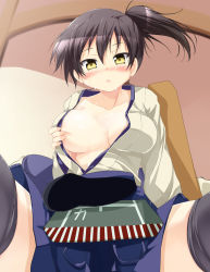 Rule 34 | 10s, 1girl, black hair, black thighhighs, blush, breasts, japanese clothes, kaga (kancolle), kantai collection, large breasts, looking at viewer, muneate, personification, porurin (do-desho), short hair, side ponytail, skirt, solo, thighhighs, yellow eyes