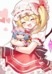 Rule 34 | 1girl, :d, blonde hair, blush, bow, character doll, crystal, flandre scarlet, happy, hat, hat bow, heart, hugging doll, hugging object, mob cap, one side up, open mouth, petticoat, puffy short sleeves, puffy sleeves, red bow, red vest, remilia scarlet, short sleeves, simple background, smile, solo, touhou, vest, white background, white hat, wings, wohinya, wrist cuffs
