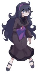Rule 34 | @ @, ahoge, alternate breast size, black footwear, black hair, breasts, closed mouth, creatures (company), dress, flowers-imh, frilled dress, frills, full body, game freak, hair between eyes, headband, hex maniac (pokemon), highres, holding, holding poke ball, large breasts, long hair, looking at viewer, mary janes, messy hair, nintendo, pencil dress, poke ball, poke ball (basic), pokemon, pokemon xy, purple dress, purple headband, shoes, simple background, solo, turtleneck, very long hair, wavy mouth, white background