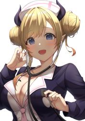 Rule 34 | 1girl, bat tattoo, blonde hair, blouse, blue eyes, blush, breast tattoo, breasts, cleavage, double bun, formal, hair bun, hair ornament, hand up, hat, highres, hololive, horns, large breasts, looking at viewer, menmen (menmen13s), necktie, nurse, nurse cap, open clothes, open mouth, open shirt, pink necktie, pointy ears, shirt, simple background, solo, stethoscope, suit, tattoo, virtual youtuber, x hair ornament, yuzuki choco, yuzuki choco (nurse)