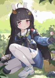 Rule 34 | 1girl, absurdres, ahoge, animal, animal ears, bird, black hair, blue archive, blue skirt, blush, bright pupils, closed mouth, fake animal ears, flying sweatdrops, green neckerchief, grey halo, halo, highres, leaf, leaf on head, long hair, long sleeves, looking at viewer, miyu (blue archive), mofftarkin, neckerchief, pantyhose, pleated skirt, rabbit ears, red eyes, sailor collar, shoes, skirt, solo, sparrow, two-tone skirt, white footwear, white pantyhose, white pupils, white sailor collar, white skirt