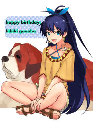 Rule 34 | 1girl, :d, animal, animal on shoulder, antenna hair, black hair, blue eyes, bracelet, breasts, casual, character name, dog, earrings, fang, ganaha hibiki, hair ribbon, hamster, hamuzou, happy birthday, highres, hoop earrings, idolmaster, idolmaster (classic), indian style, inumi, jewelry, long hair, looking at viewer, open mouth, ponytail, ribbon, sandals, shirt, sitting, small breasts, smile, solo, st bernard, t-shirt, tetsu (kimuchi), toes