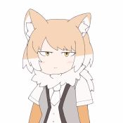 Rule 34 | 1girl, animal ears, animated, brown hair, closed mouth, commentary, elbow gloves, expressionless, fingersmile, fox ears, fur scarf, gloves, jitome, kemono friends, light brown hair, looking at viewer, mouth pull, multicolored hair, necktie, parted bangs, scarf, shirt, short sleeves, simple background, solo, taro (tontaro), tibetan fox (kemono friends), two-tone hair, upper body, vest, video, white background, white hair, yellow eyes
