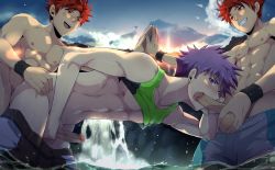 Rule 34 | 3boys, abs, anal, brothers, clothed sex, family, fellatio, group sex, male focus, male penetrated, masturbation, mazjojo, mmm threesome, multiple boys, muscular, oral, outdoors, partially submerged, pectorals, saliva, sex, siblings, spitroast, summer, swimsuit, threesome, uncensored, water, wet, yaoi