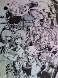 6+girls bad_id bad_pixiv_id bat_(animal) blonde_hair book cirno clenched_teeth coco_maru crossed_arms embodiment_of_scarlet_devil everyone fang flandre_scarlet hong_meiling izayoi_sakuya knife multiple_girls open_book own_hands_clasped own_hands_together patchouli_knowledge remilia_scarlet rumia smile teeth touhou traditional_media