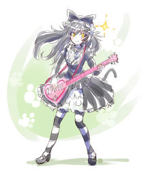Rule 34 | 10s, 1girl, alternate costume, black hair, blake belladonna, bow, cat tail, cosplay, cyan (show by rock!!), cyan (show by rock!!) (cosplay), frilled skirt, frills, full body, gothic lolita, guitar, hair bow, highres, iesupa, instrument, lolita fashion, pantyhose, rwby, show by rock!!, skirt, solo, striped clothes, striped pantyhose, tail, yellow eyes