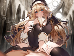Rule 34 | 1boy, 1girl, black dress, black thighhighs, blonde hair, blue eyes, blurry, blurry background, blush, breasts, church, closed mouth, covered erect nipples, covered penetration, cowgirl position, cross, depth of field, dress, girl on top, habit, hetero, highres, holding, holding cross, implied sex, ken (coffee michikusa), lace trim, large breasts, light particles, long hair, long sleeves, looking at viewer, nipple stimulation, nipple tweak, nipples, no bra, non-web source, nun, original, pelvic curtain, pov, see-through, sidelocks, skindentation, smile, spread legs, straddling, thighhighs, thighs, very long hair
