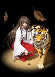 Rule 34 | brown eyes, brown hair, japanese clothes, leaf, long hair, miko, sandals, sheath, solo, takatan, tiger, wind