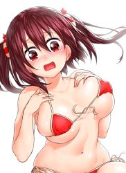 Rule 34 | 1girl, bare arms, bare shoulders, bikini, blush, breasts, breasts apart, curvy, d:, ebina nana, embarrassed, hair between eyes, hands on own chest, highres, himouto! umaru-chan, large breasts, long hair, looking at viewer, navel, onsoku inu, open mouth, red bikini, red eyes, red hair, side-tie bikini bottom, simple background, solo, standing, swimsuit, tears, twintails, wardrobe malfunction, wavy mouth, white background