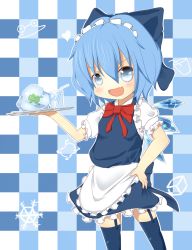 Rule 34 | 1girl, akisha, alternate costume, apron, bad id, bad pixiv id, blue eyes, blue hair, blush, bow, cirno, enmaided, frog, garter straps, hair bow, highres, ice, ice wings, maid, maid apron, maid headdress, matching hair/eyes, open mouth, smile, solo, touhou, wings