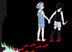 Rule 34 | 1girl, 2boys, barefoot, basil (headspace) (omori), basil (omori), black hair, black socks, bloody footprints, blue overalls, closed mouth, colored skin, dronnie, facing away, flower, footprints, green eyes, green hair, green shirt, head wreath, highres, holding, holding knife, knife, looking at another, mari (omori), multiple boys, omori, omori (omori), overall shorts, overalls, sad, shirt, short hair, short sleeves, socks, spoilers, white skin