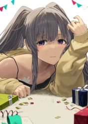 Rule 34 | 1girl, arm up, bandaid, bandaid on breast, bandaid on face, bandaid on forehead, box, closed mouth, commentary, gift, gift box, grey hair, hair between eyes, highres, idolmaster, idolmaster shiny colors, jacket, jewelry, long hair, long sleeves, looking at viewer, lying, noeru, on stomach, purple eyes, ring, sidelocks, sleeves past wrists, solo, spaghetti strap, string of flags, symbol-only commentary, twintails, upper body, white background, yellow jacket, yukoku kiriko