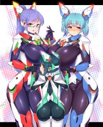 Rule 34 | 3girls, :&lt;, age difference, aqua eyes, aqua hair, ass, asymmetrical docking, backboob, bad id, bad pixiv id, blush, bodysuit, breast press, breasts, brown eyes, embarrassed, full-face blush, glasses, glowing, green hair, height difference, high ponytail, highres, holding hands, huge breasts, interlocked fingers, letterboxed, long hair, looking at viewer, looking away, looking back, mecha musume, multiple girls, open mouth, original, purple hair, red-framed eyewear, red eyes, semi-rimless eyewear, shiny clothes, short hair, sideboob, thigh gap, twintails, under-rim eyewear, vuccha