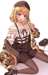 Rule 34 | 1girl, absurdres, badge, bag, black footwear, black pantyhose, blonde hair, blue eyes, blush, bob cut, collarbone, detective, earrings, fake facial hair, fake mustache, handbag, hat, heart, heart earrings, high heels, highres, holding, holding magnifying glass, hololive, hololive english, jacket, jewelry, looking at viewer, magnifying glass, nail polish, necklace, ojyomu, open clothes, open jacket, open mouth, pantyhose, ribbon, short hair, sitting, skirt, smile, suspender skirt, suspenders, teeth, virtual youtuber, watson amelia, white background, zipper