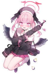 Rule 34 | 1girl, black footwear, black hat, black wings, blue archive, blush, bolt action, collarbone, commentary request, gun, halo, hat, head wings, highres, holding, holding gun, holding weapon, koharu (blue archive), long hair, looking at viewer, low wings, medium hair, off shoulder, open mouth, p14 enfield, pink eyes, pink skirt, rangu, red halo, red skirt, rifle, school uniform, simple background, skirt, socks, solo, thighs, twintails, weapon, white background, white socks, wings